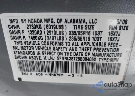 2008 Honda Odyssey Ex-L from USA, damaged, VIN 5FNRL38728B084062